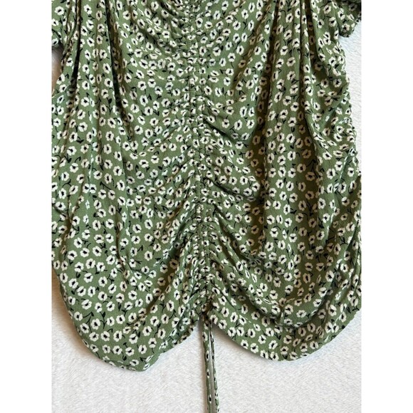 H&M Women's Sage Green Ditsy Floral Puff Sleeve Ruched Drawstring Top Size Large - Picture 8 of 16